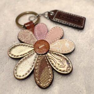 Coach Multitone Floral Leather Key & Card Holder Charm in Pink, Gold & Brown